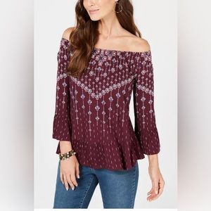 STYLE & CO Jewel Printed Flounce-Trim Peasant Top